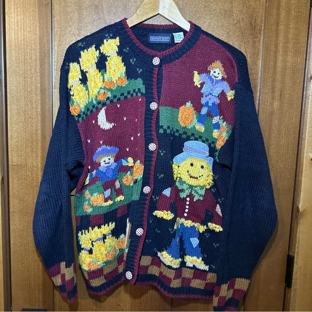 Herman Geist Cardigan Sweater Womens Large Scarecrow‎ Pumpkin Fall Cottagecore
